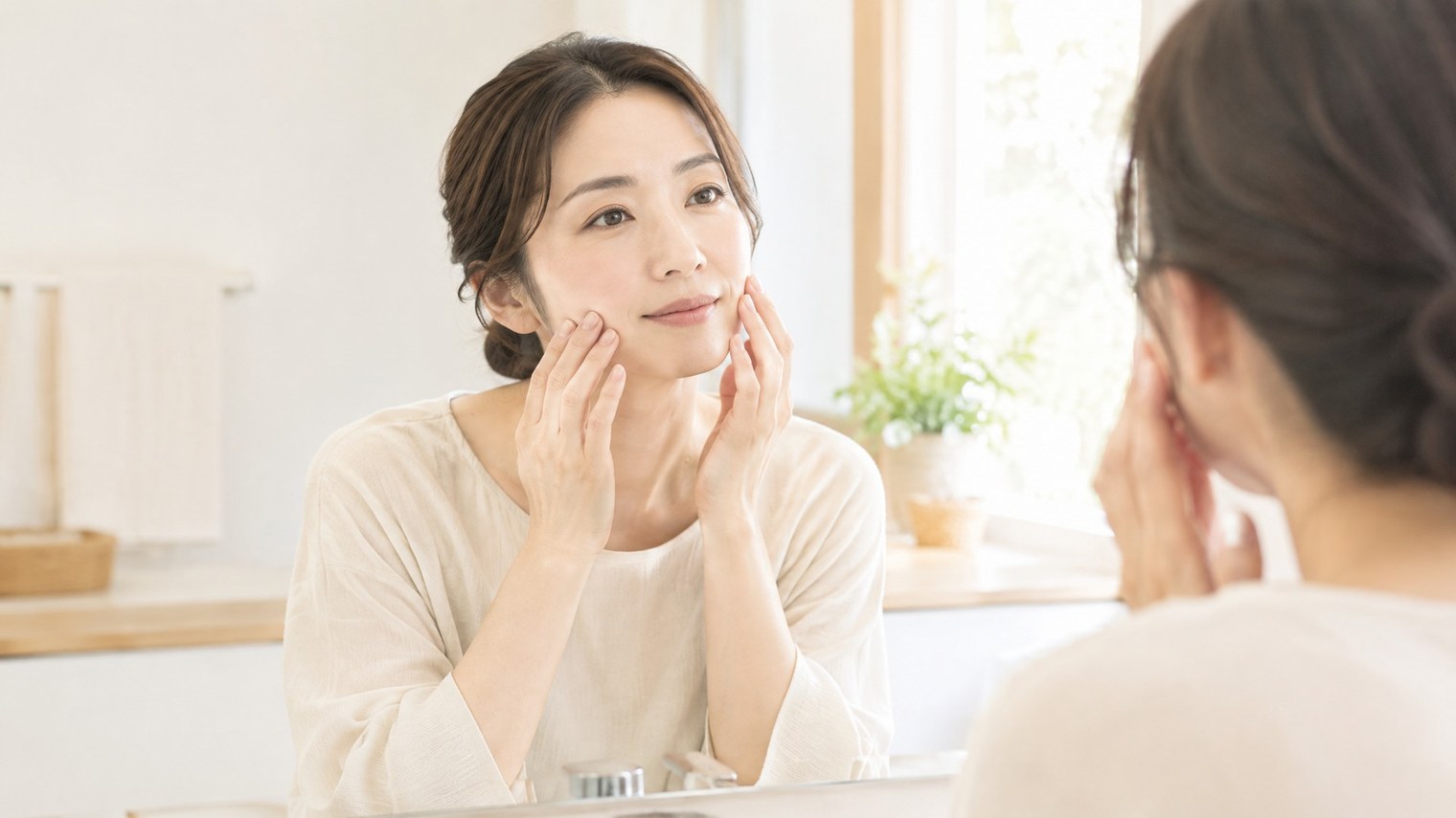 洗面台の前で鏡を見ながら、頬の毛穴の状態をやさしく確かめる女性のイメージ写真。