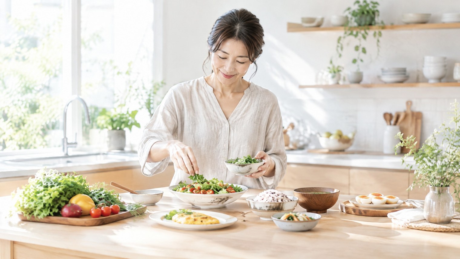朝の光が入るキッチンで、野菜と卵を使った朝食を用意する40代くらいの女性のイメージ写真。
