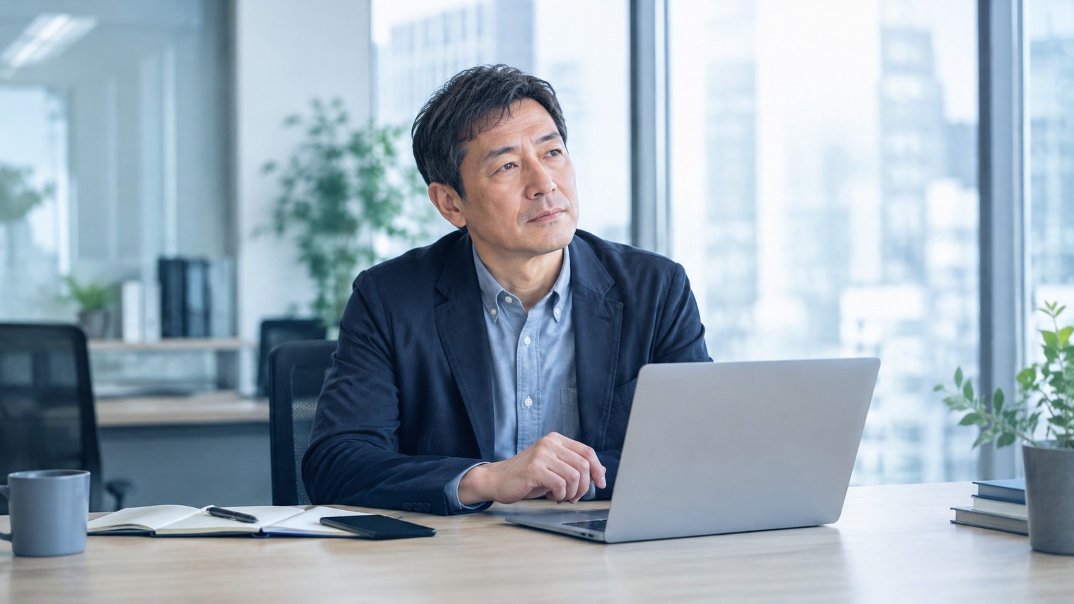 デスクで少し疲れた表情をしている40代後半から50代の男性のイメージ写真。体調の変化が気になる場面のイメージ。