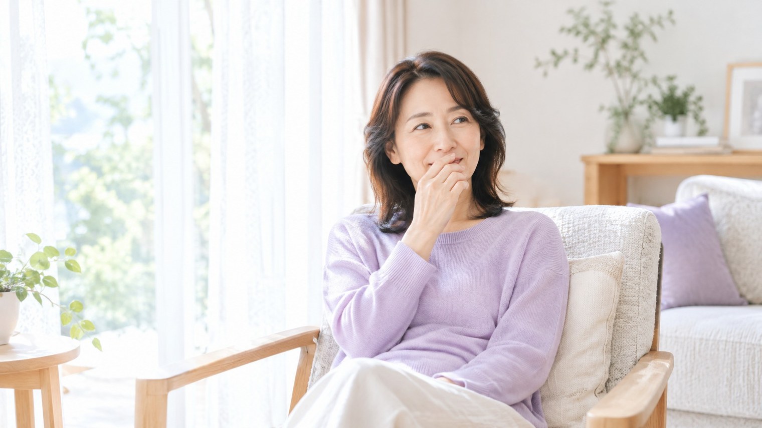日中の明るい室内で、少し眠そうな表情をしている40代後半〜50代の女性。更年期の眠気を感じている場面のイメージ写真。