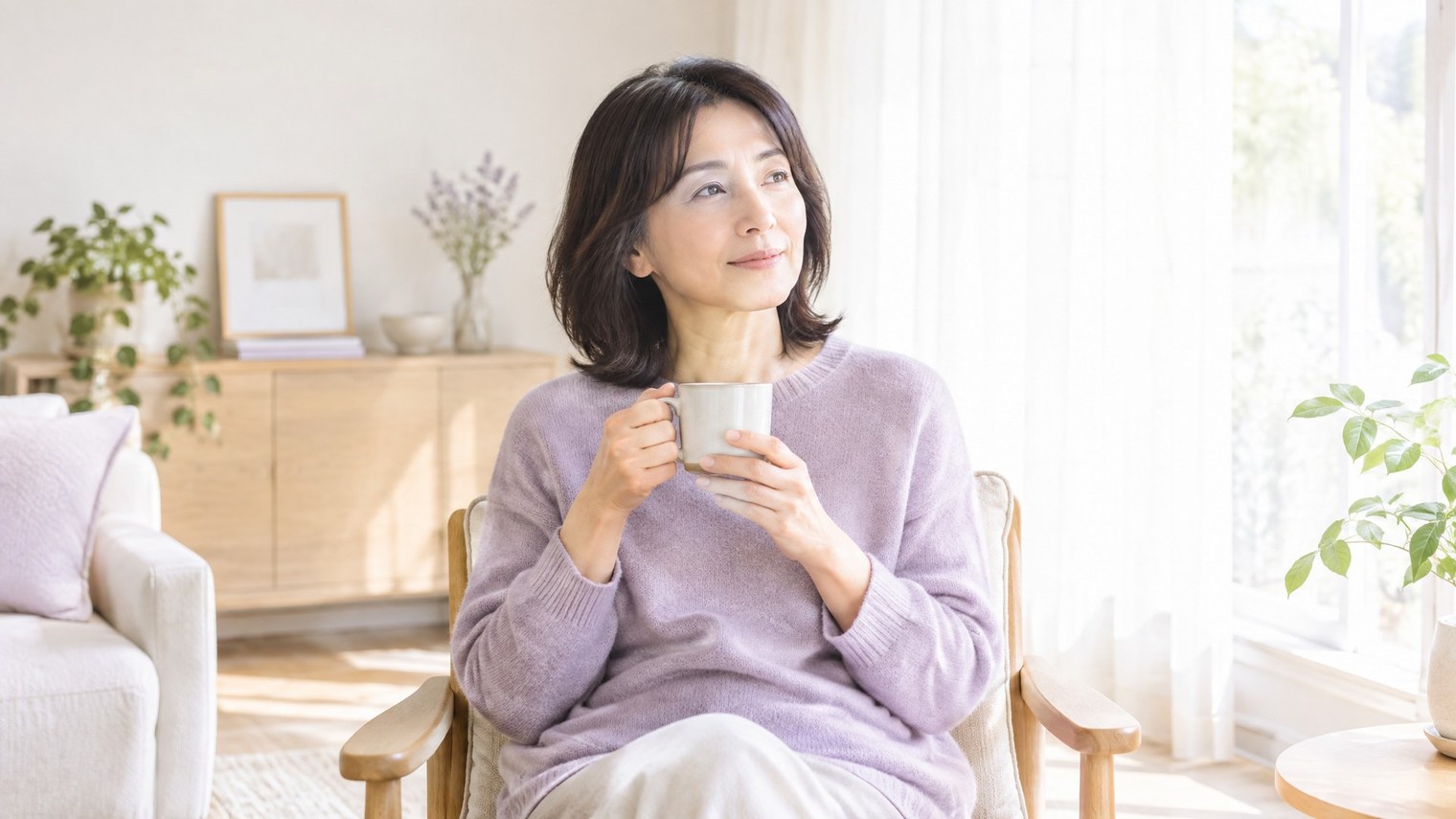 窓辺でマグカップを手に、少し考え込むような穏やかな表情をしている40〜50代前後の女性。体調の変化と向き合う場面のイメージ写真。