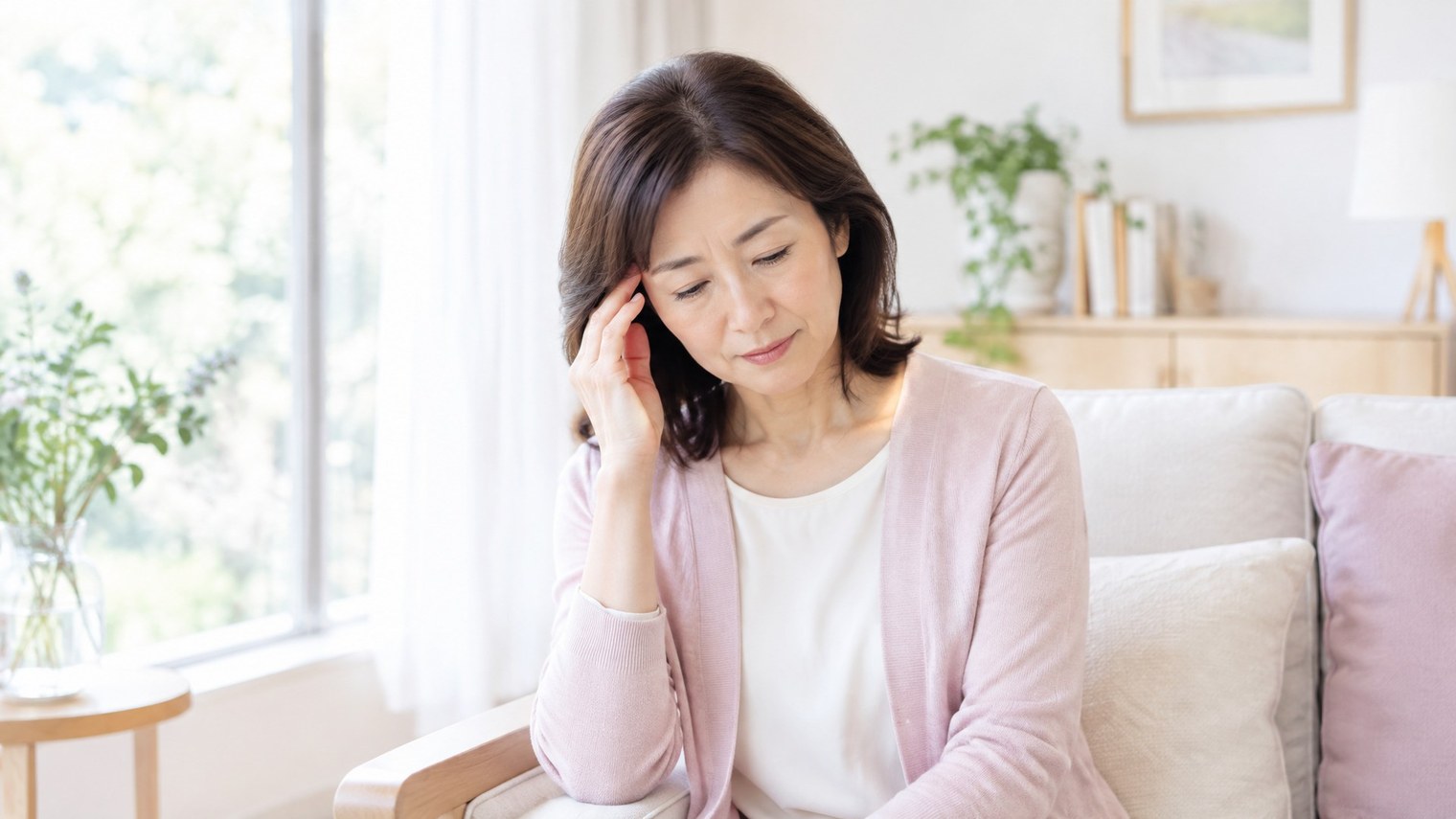 こめかみのあたりを軽く押さえて、少しつらそうな表情をしている40代後半から50代の女性のイメージ写真。