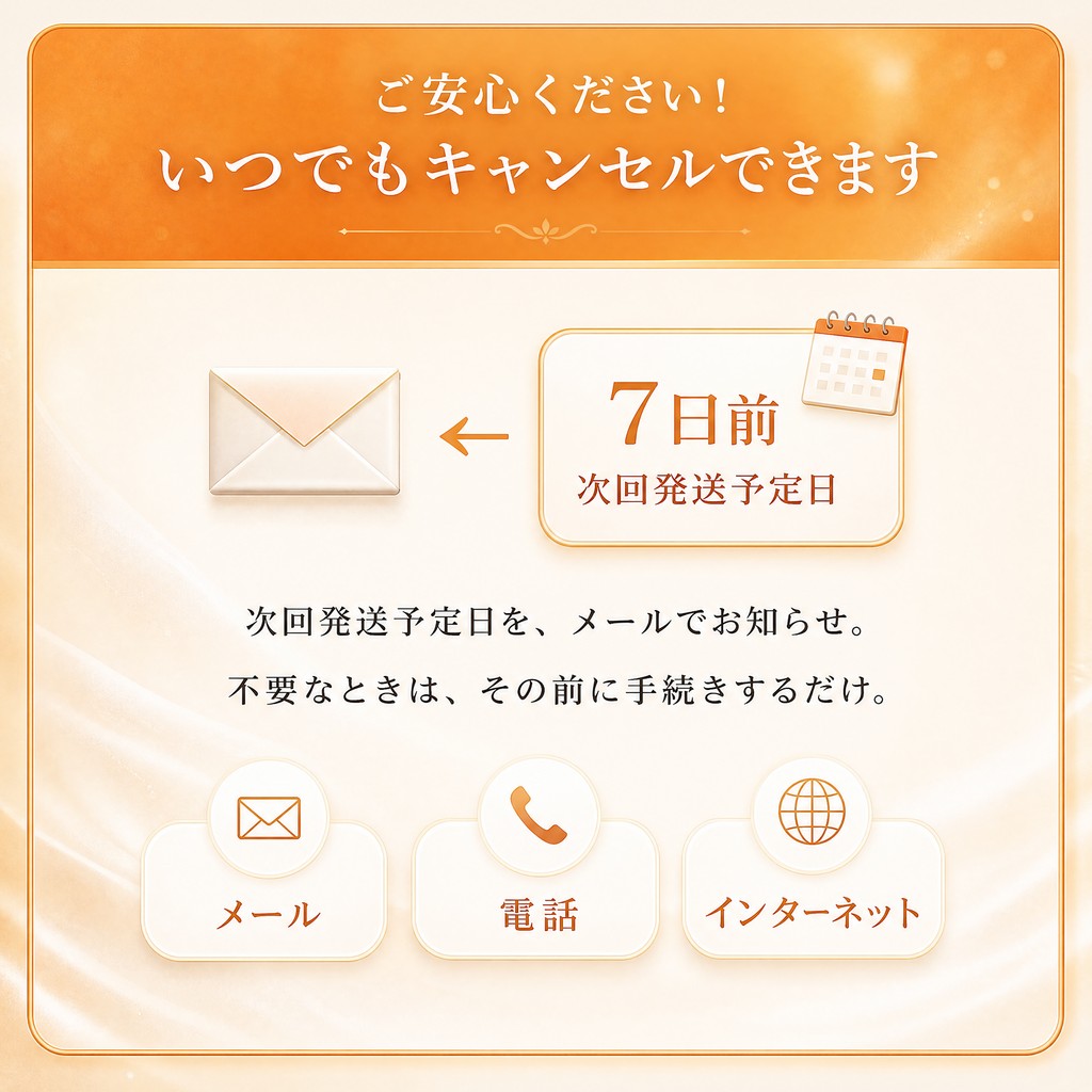 ご安心ください、いつでもキャンセルできます。次回発送予定日を7日前にメールでお知らせ。不要なときはその前に手続きするだけ。メール・電話・インターネットで手続き可能