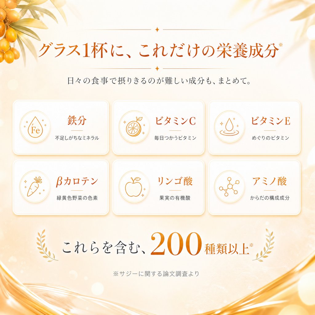 グラス1杯に含まれる栄養成分(鉄分・ビタミンC・ビタミンE・βカロテン・リンゴ酸・アミノ酸)これらを含む200種類以上。※サジーに関する論文調査より
